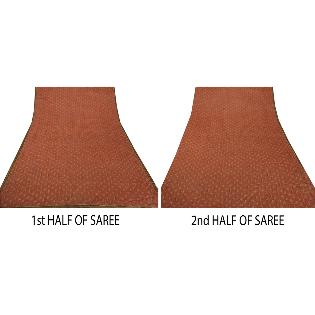 Sanskriti Vintage Coral Pure Georgette Silk Sari: Floral Woven Fabric, Green Border Indian Heritage Textile Craft Supplies Material,