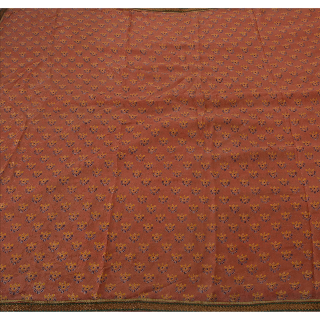 Sanskriti Vintage Coral Pure Georgette Silk Sari: Floral Woven Fabric, Green Border Indian Heritage Textile Craft Supplies Material,