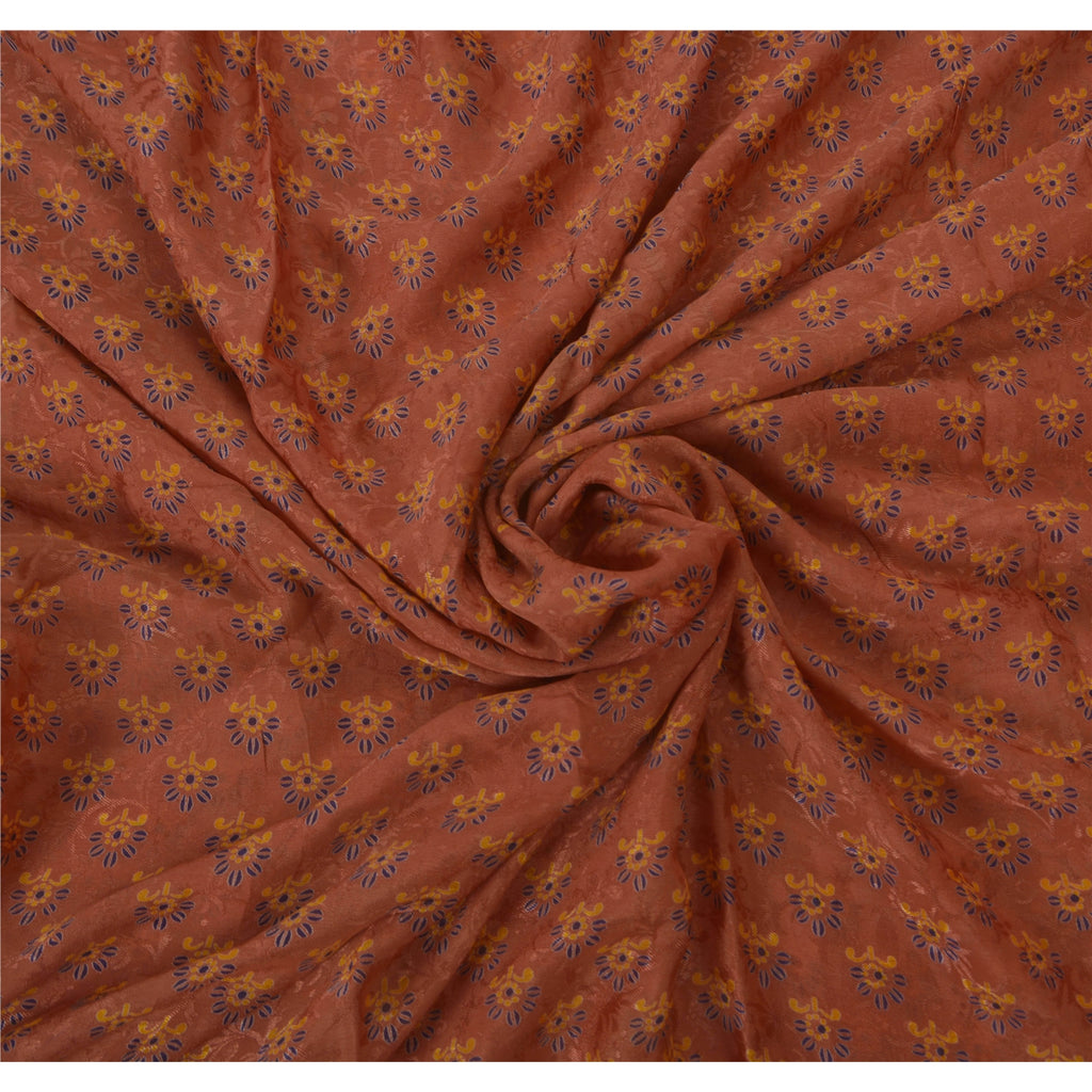 Sanskriti Vintage Coral Pure Georgette Silk Sari: Floral Woven Fabric, Green Border Indian Heritage Textile Craft Supplies Material,