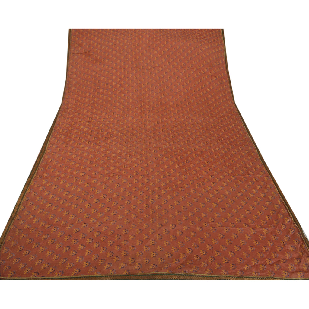 Sanskriti Vintage Coral Pure Georgette Silk Sari: Floral Woven Fabric, Green Border Indian Heritage Textile Craft Supplies Material,