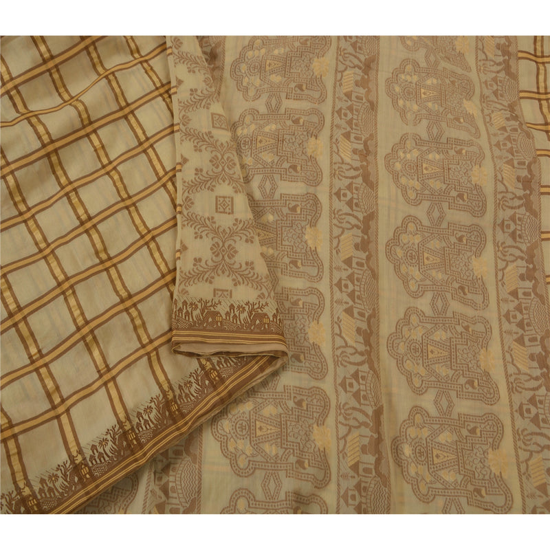 Sanskriti Vintage Cream Saree Art Silk Woven Craft 5 Yd Sustainable Fabric Premium Soft Sari