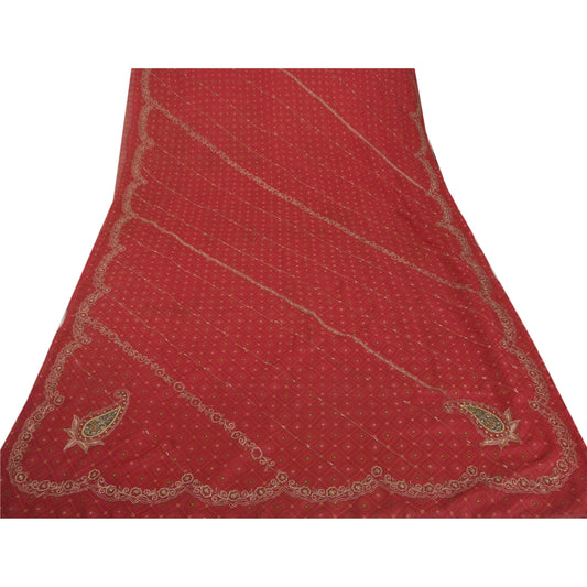 Sanskriti Vintage Red Saree Art Silk Hand Beaded Craft Sustainable Fabric Premium Zari Sari