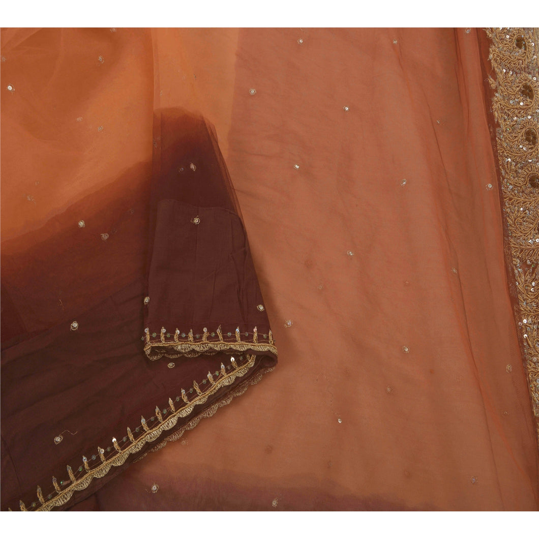Orange Net Mesh Hand Beaded Saree Craft Fabric Antique Sari