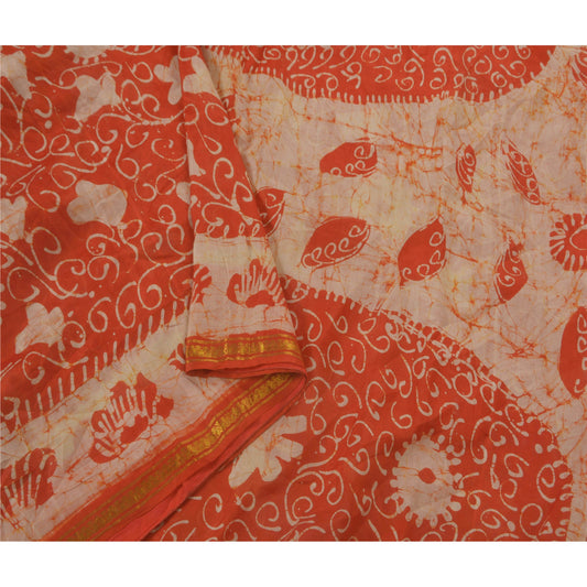 Sanskriti Vintage Red Saree Pure Silk Batik Work Craft 5 Yd Decor Sustainable Fabric Sari