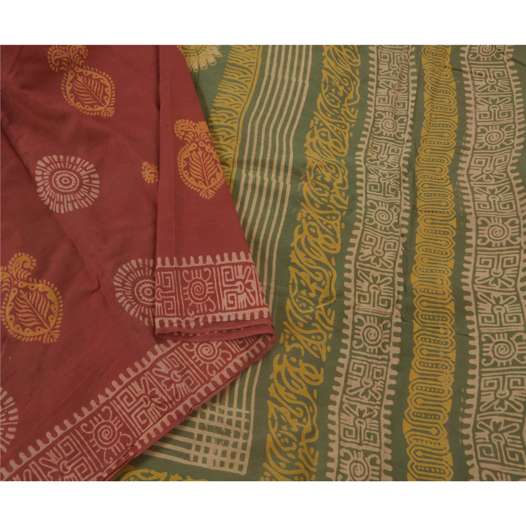 Sanskriti Vintage Red Sarees Pure Cotton Batik Work Sari 5 Yard Craft Fabric