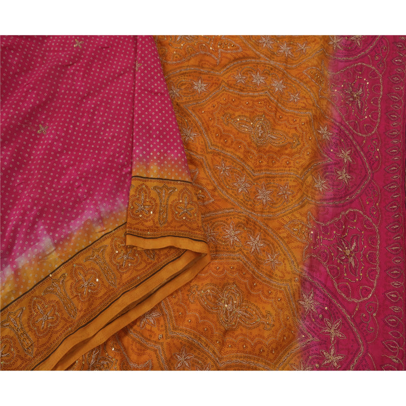 Sanskriti Vintage Pink Saree Art Silk Hand Beaded Craft 5Yd Sustainable Fabric Bandhani Sari