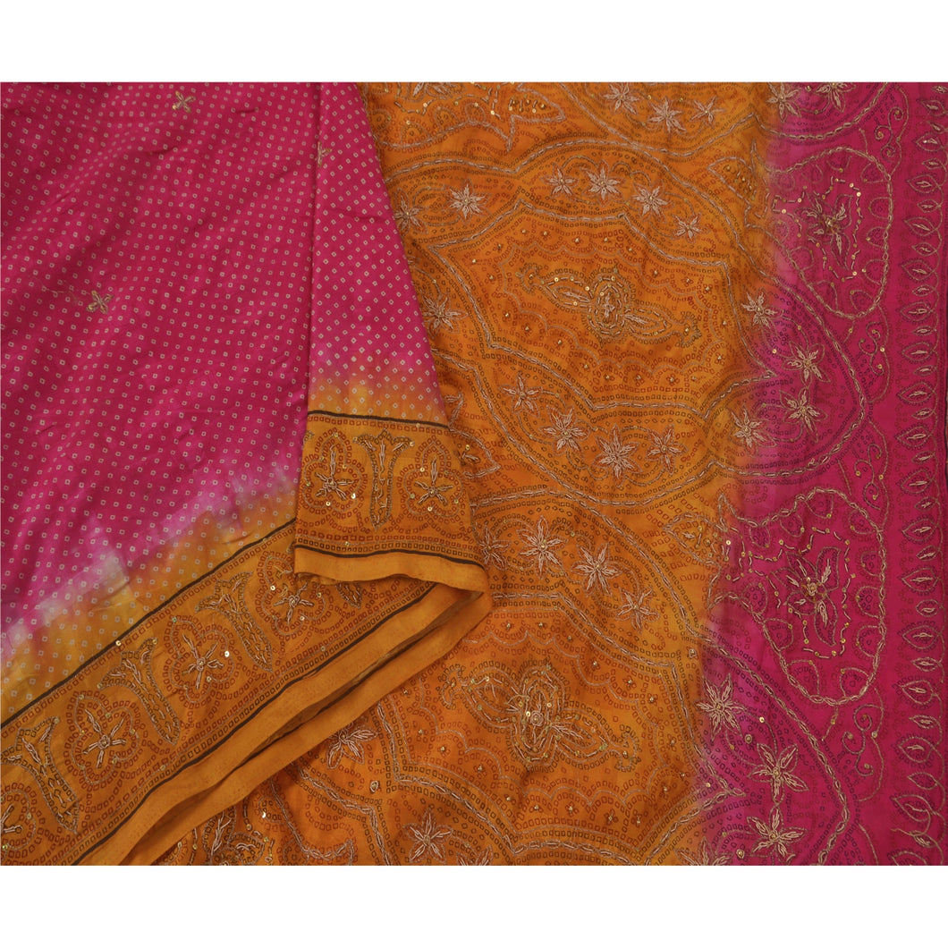 Sanskriti Vintage Pink Saree Art Silk Hand Beaded Craft 5Yd Fabric Bandhani Sari