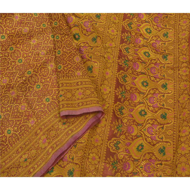 Sanskriti Vintage Sari Blend Silk Copper & Yellow Sarees Woven Indian Cultural 5Yd Craft Fabric Boho Quilting Material For DIY Projects