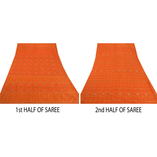 Sanskriti Vintage Orange Sarees Blend Cotton Woven Craft 5 YD Soft Sustainable Fabric Sari