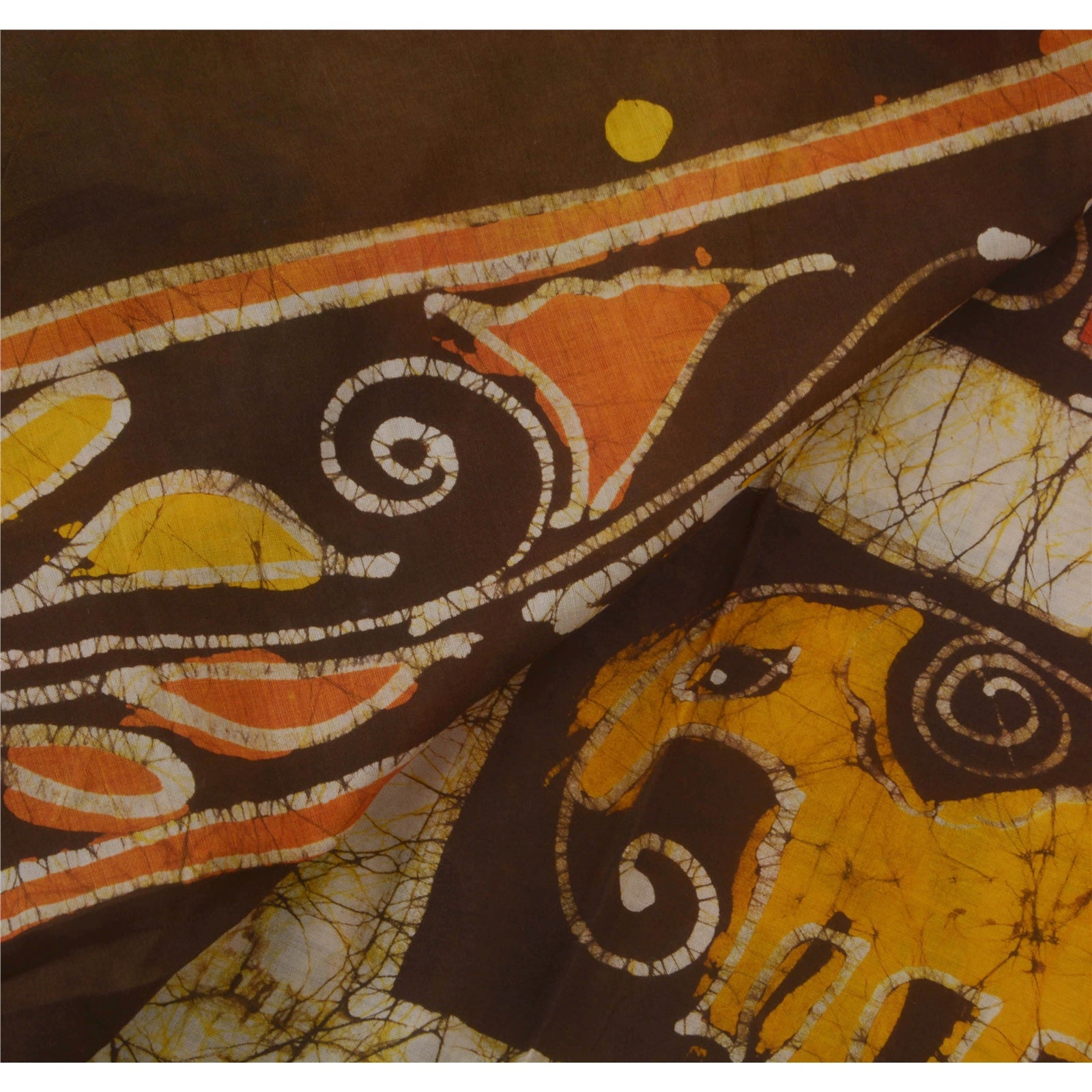 Sanskriti Vintage Batik Work Pure Cotton Saree Fabric: Cream & Olive Elephant Design Indian Heritage Textile Craft Supplies Material,