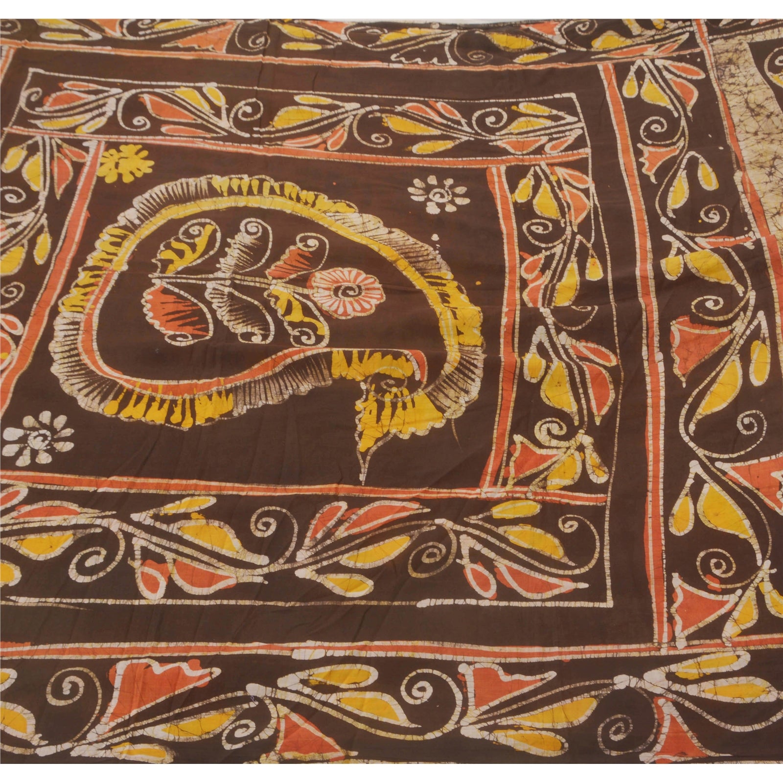 Sanskriti Vintage Batik Work Pure Cotton Saree Fabric: Cream & Olive Elephant Design Indian Heritage Textile Craft Supplies Material,