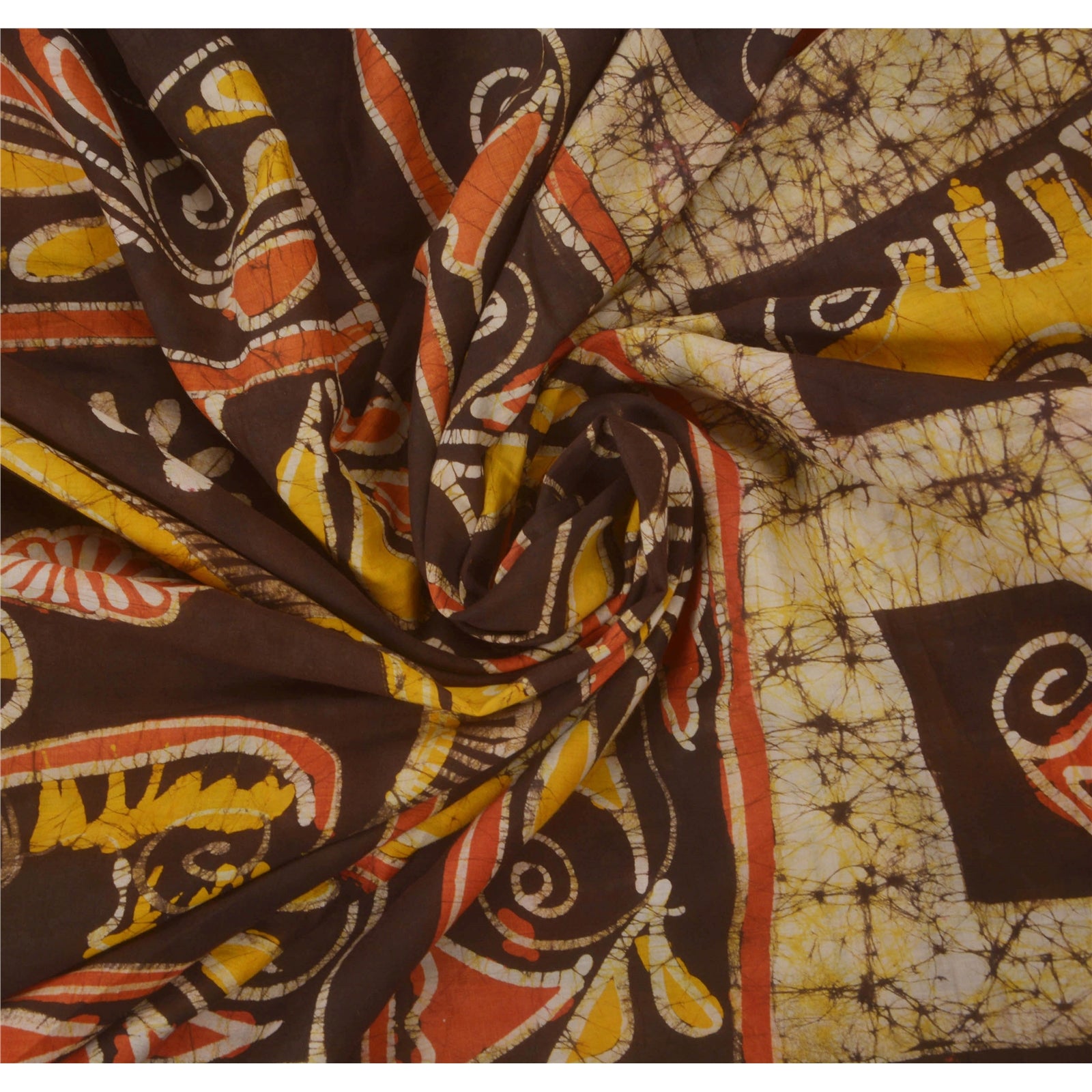 Sanskriti Vintage Batik Work Pure Cotton Saree Fabric: Cream & Olive Elephant Design Indian Heritage Textile Craft Supplies Material,