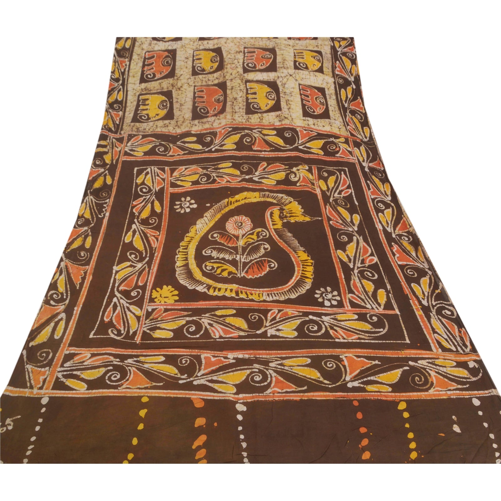 Sanskriti Vintage Batik Work Pure Cotton Saree Fabric: Cream & Olive Elephant Design Indian Heritage Textile Craft Supplies Material,