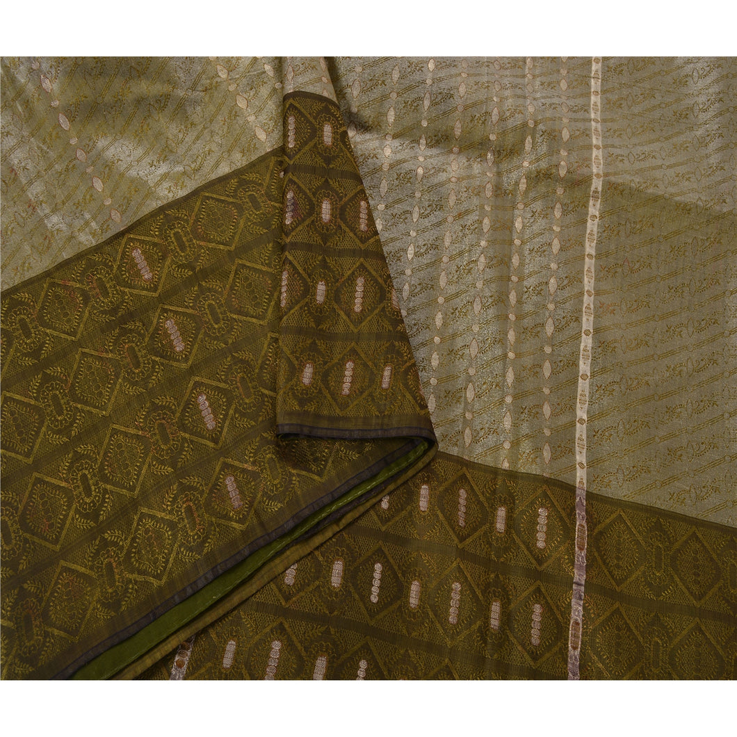 Sanskriti Vintage Green Saree Blend Silk Woven Craft 5 Yd Fabric Premium Sari