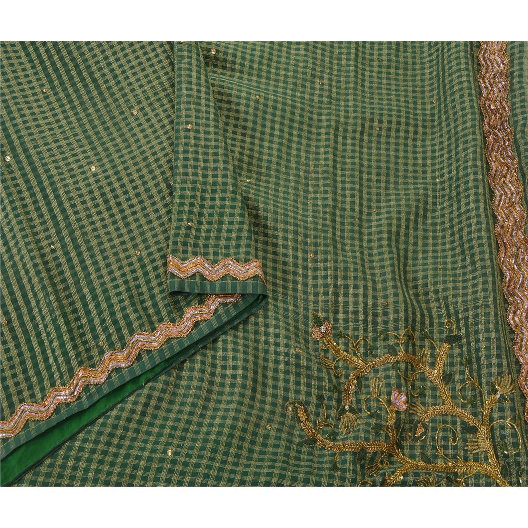 Sanskriti Vintage Green Indian Sari Georgette Hand Beaded Woven Fabric Sarees