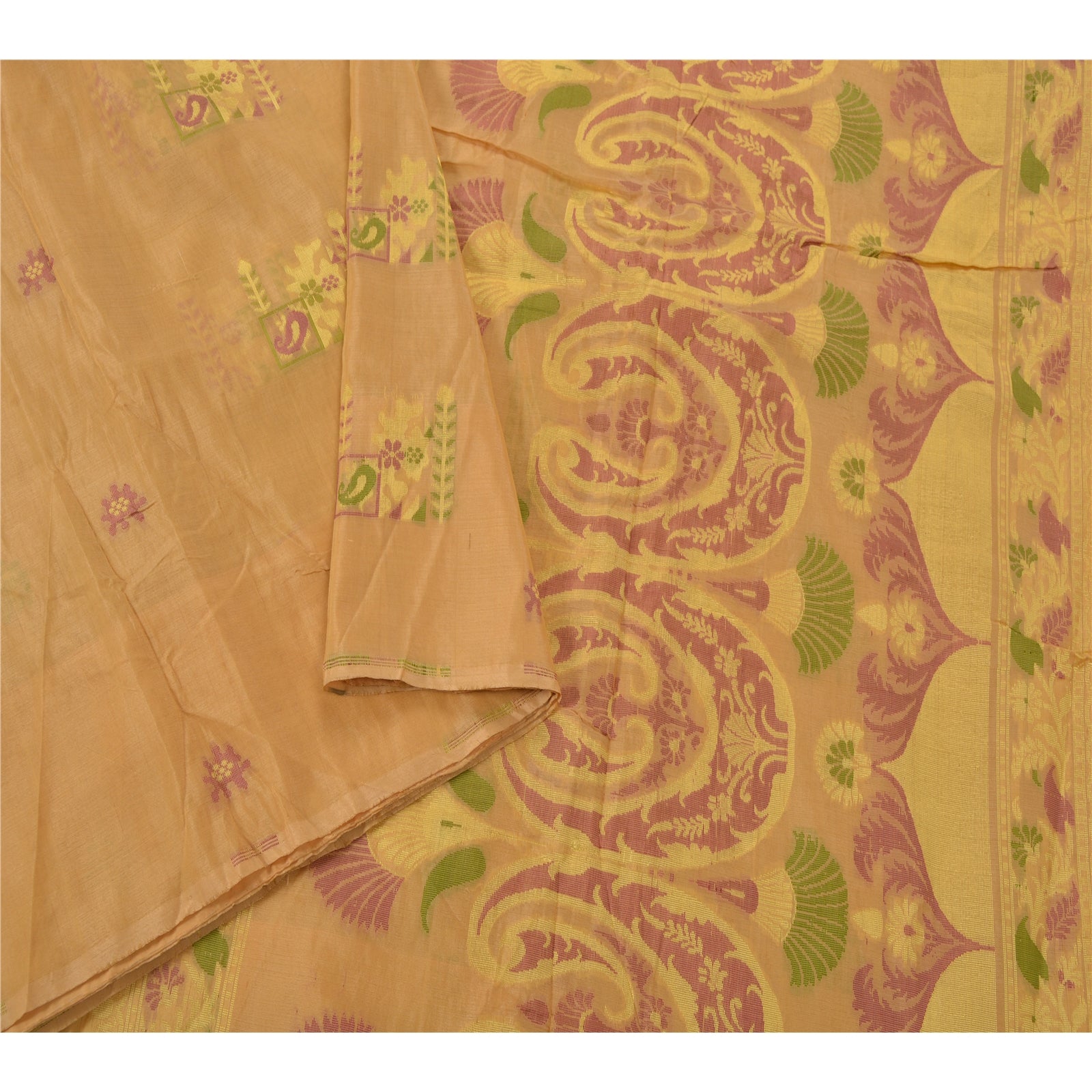 Sanskriti Vintage Cream Saree Pure Silk Woven Craft 5 Yd Sustainable Fabric Premium Sari