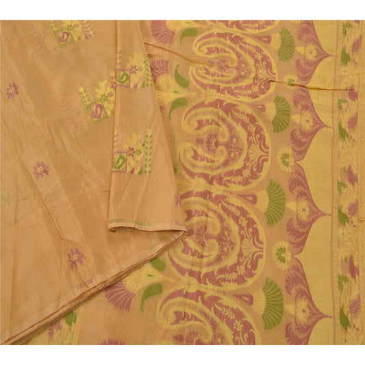 Sanskriti Vintage Cream Saree Pure Silk Woven Craft 5 Yd Sustainable Fabric Premium Sari