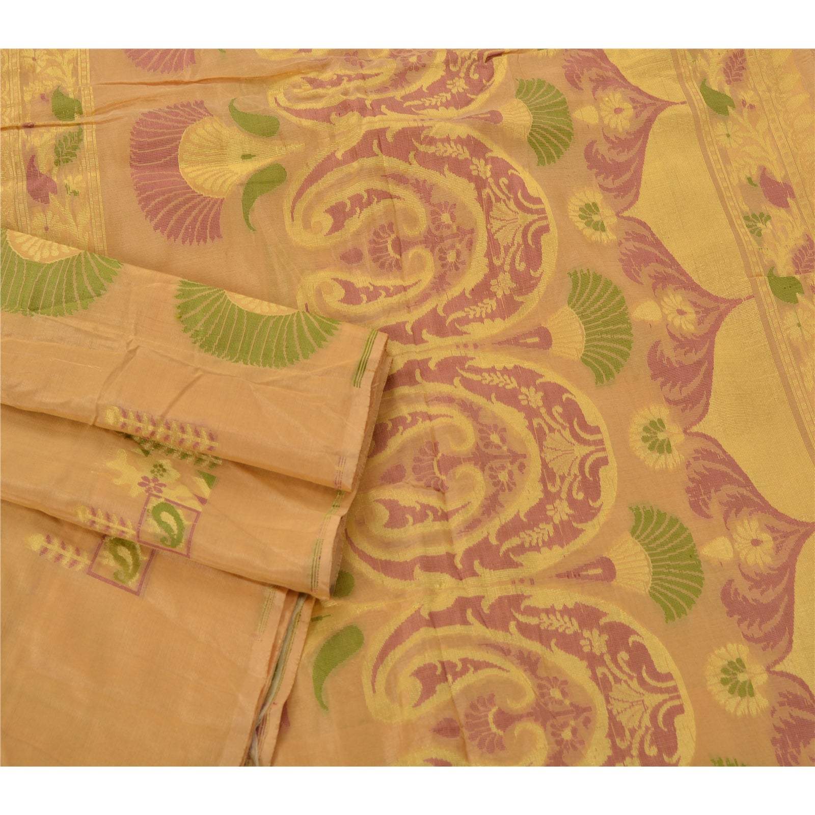Sanskriti Vintage Cream Saree Pure Silk Woven Craft 5 Yd Sustainable Fabric Premium Sari