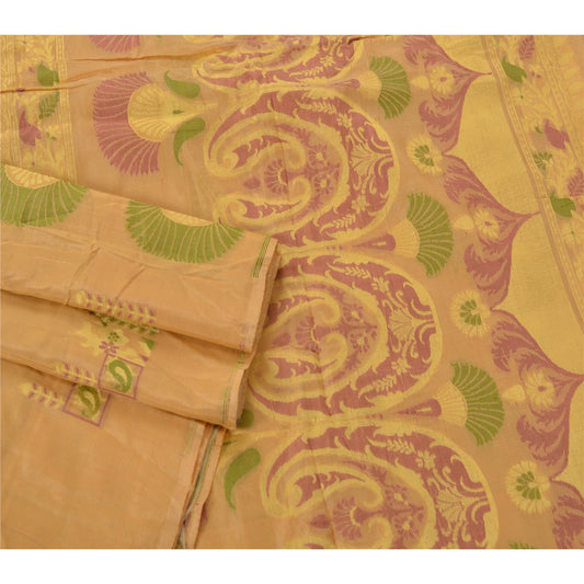 Sanskriti Vintage Cream Saree Pure Silk Woven Craft 5 Yd Sustainable Fabric Premium Sari