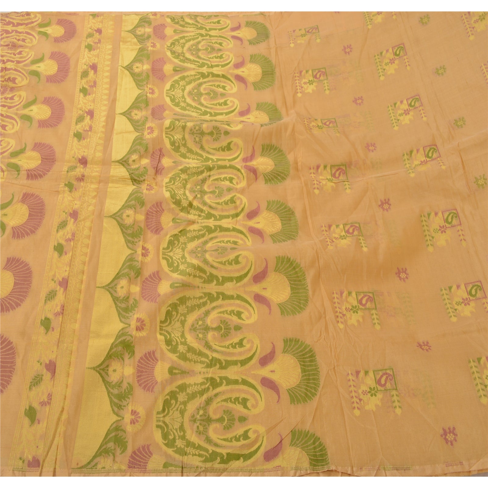 Sanskriti Vintage Cream Saree Pure Silk Woven Craft 5 Yd Sustainable Fabric Premium Sari