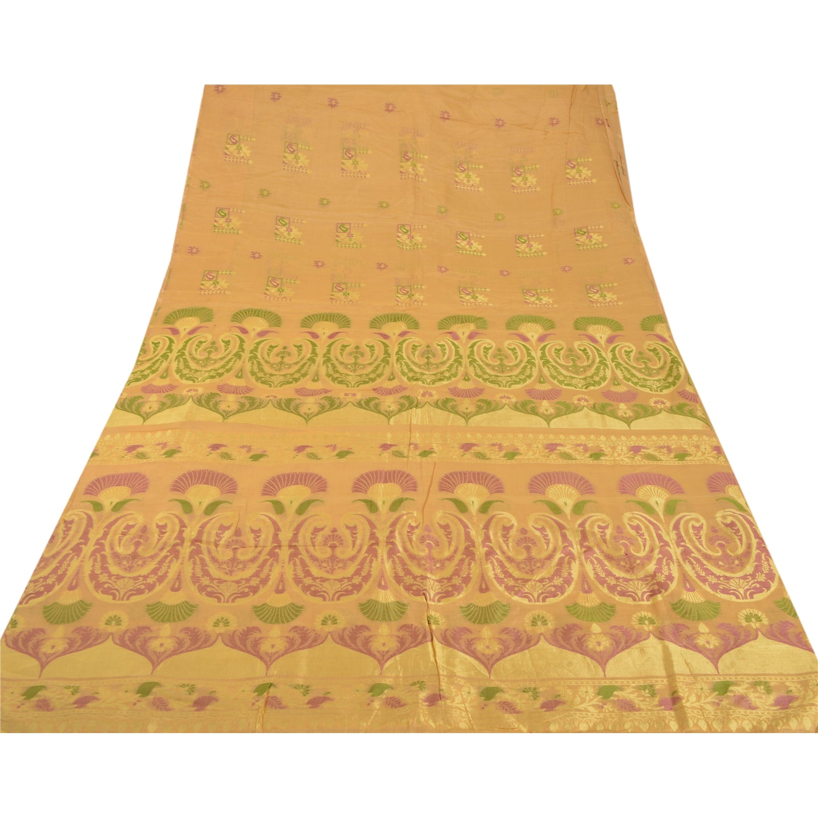 Sanskriti Vintage Cream Saree Pure Silk Woven Craft 5 Yd Sustainable Fabric Premium Sari