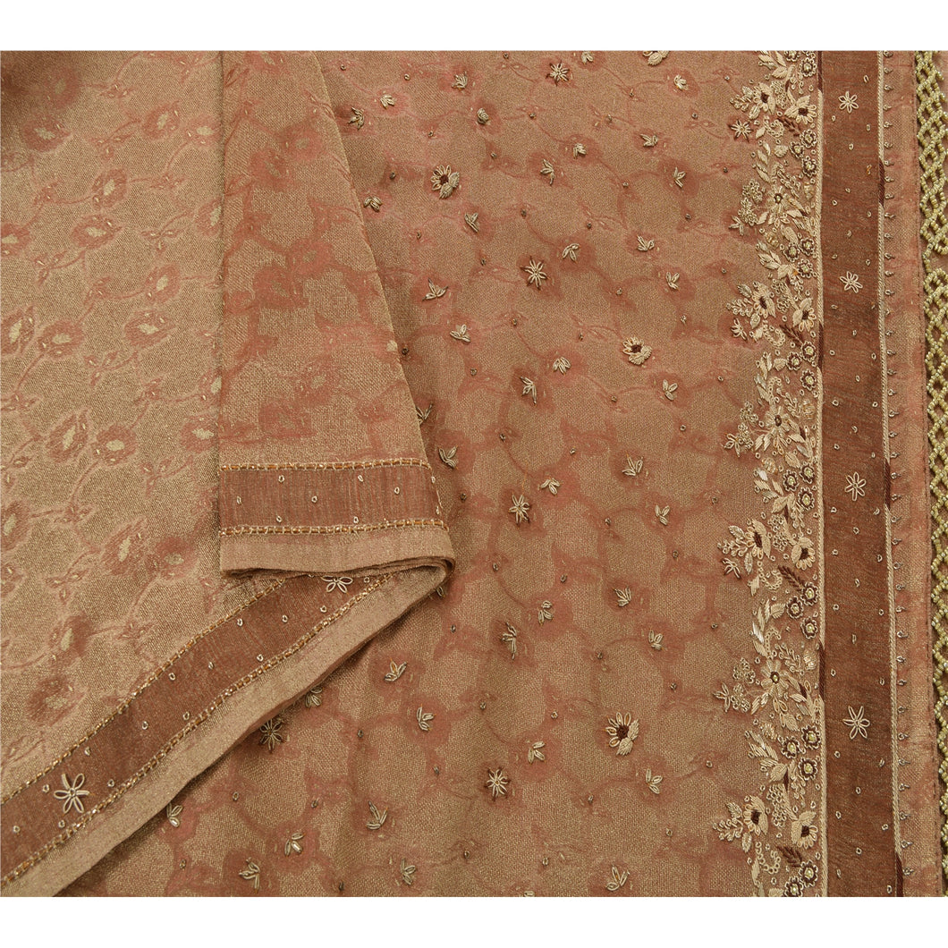 Sanskriti Vintage Brown Sarees Tissue Hand Beaded Craft Fabric Cultural Sari