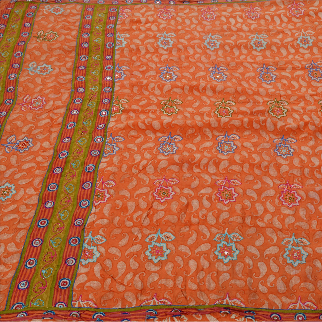 Sanskriti Vintage Orange Sarees Pure Crepe Silk Hand Beaded Craft Fabric Sari
