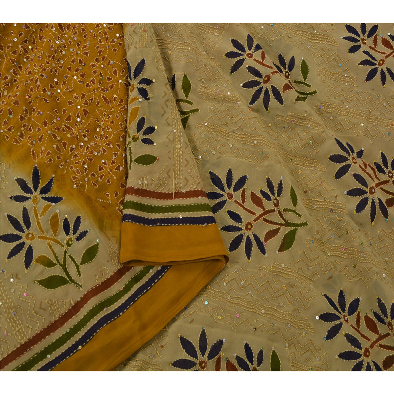 Sanskriti Vintage Mustard Saree Georgette Sustainable Fabric Hand Embroidered Kantha Sari