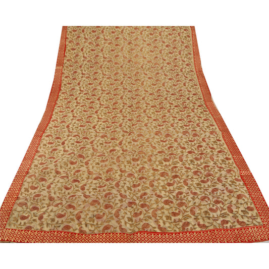 Sanskriti Vintage Cream Indian Sari Art Silk Painted Craft 5 YD Sustainable Fabric Sarees
