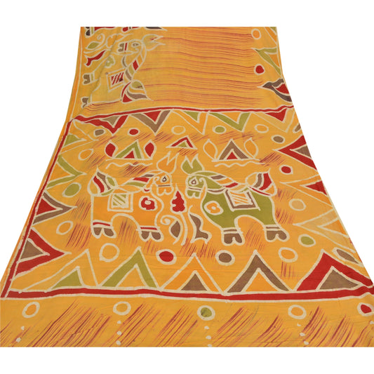 Sanskriti Vintage Yellow Sarees Pure Cotton Batik Work Craft Sustainable Fabric Premium Sari
