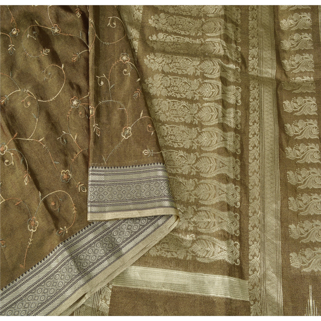 Sanskriti Vintage Green Indian Sari Art Silk Zari Woven Embroidery Fabric Sarees