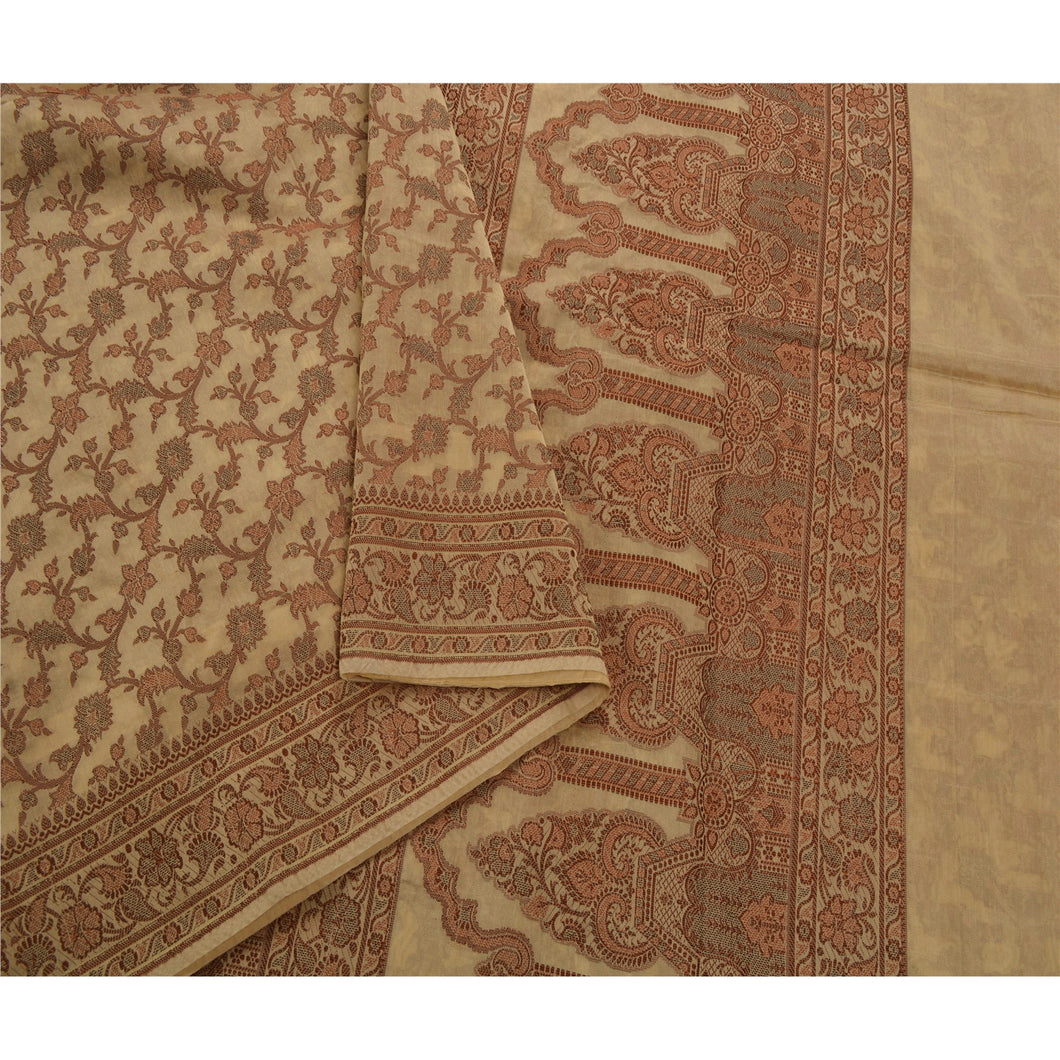 Cream Saree Art Silk Woven Craft 5Yd Decor Fabric Premium Sari