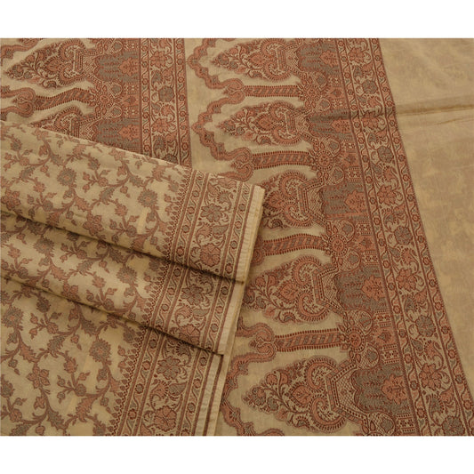 Sanskriti Vintage Cream Saree Art Silk Woven Craft 5Yd Decor Sustainable Fabric Premium Sari