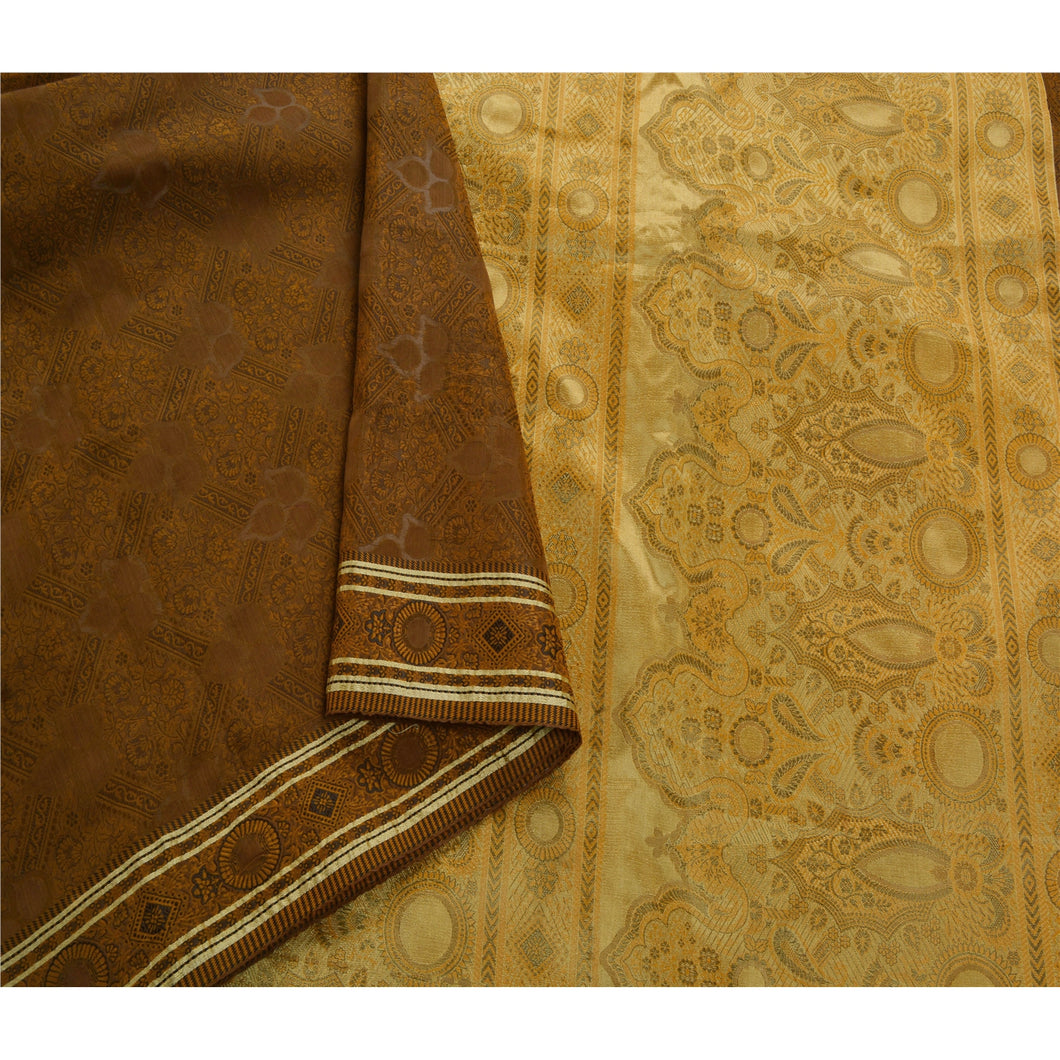 Brown Saree Art Silk Woven Craft 5Yd Fabric Decor Premium Sari