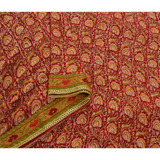 Sanskriti Vintage Red Saree Blend Georgette Embroidered Craft 5 Yd Sustainable Fabric Sari