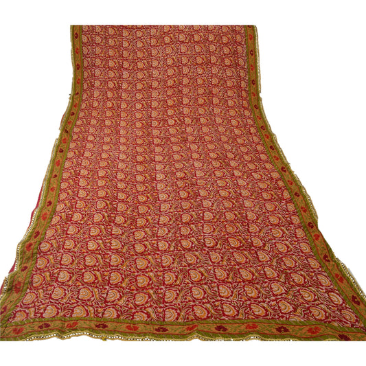 Sanskriti Vintage Red Saree Blend Georgette Embroidered Craft 5 Yd Sustainable Fabric Sari