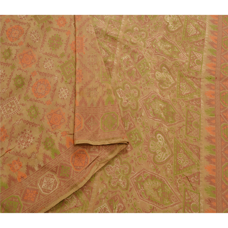 Sanskriti Vintage Saree Blend Silk Cream Saree Woven Work Fabric 5 Yard For Crafting, Upcycling, or Even Wearing, Home Decor, Projects
