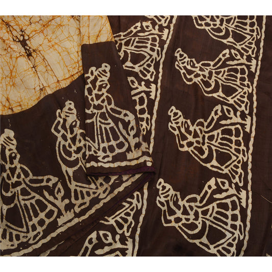 Sanskriti Vintage Cream Saree Pure Silk Batik Work Craft Decor Soft Sustainable Fabric Sari