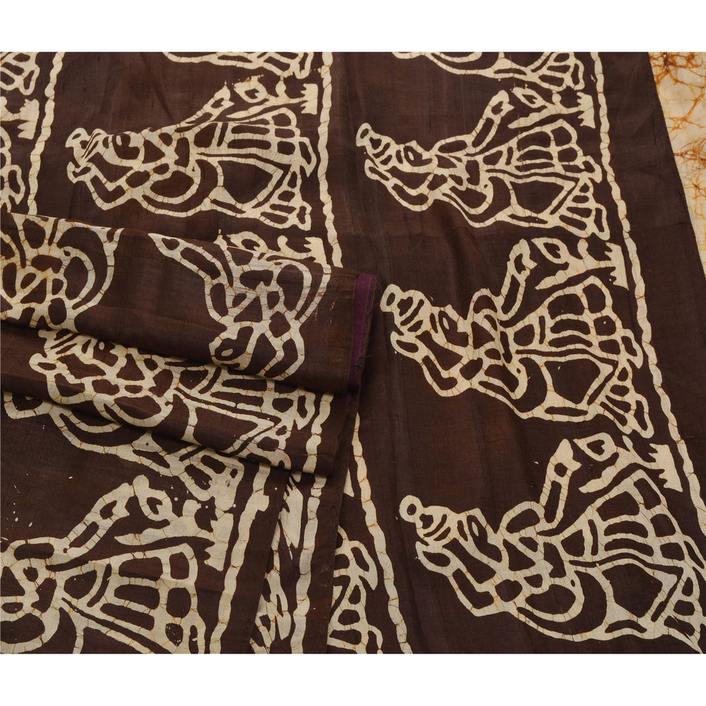 Sanskriti Vintage Cream Saree Pure Silk Batik Work Craft Decor Soft Sustainable Fabric Sari