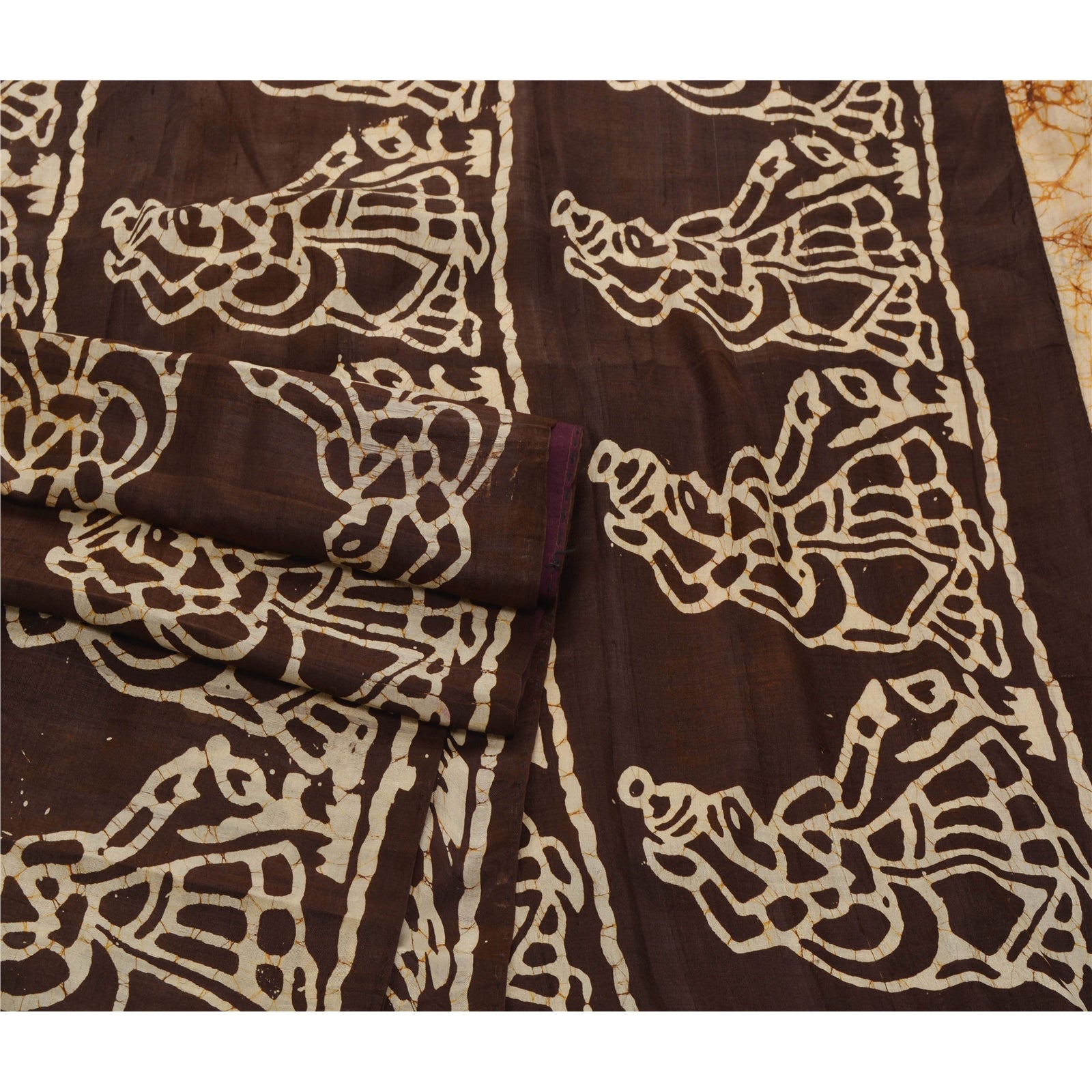 Sanskriti Vintage Cream Saree Pure Silk Batik Work Craft Decor Soft Sustainable Fabric Sari