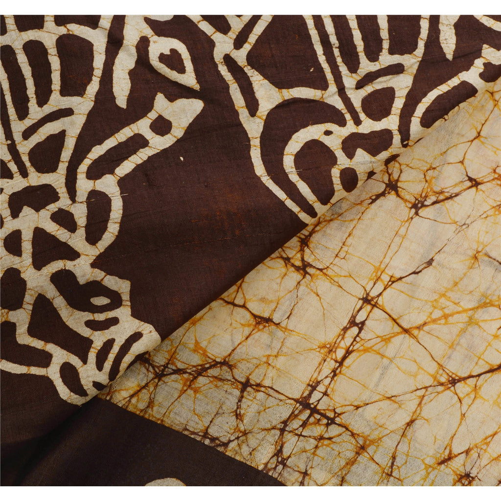 Sanskriti Vintage Cream Saree Pure Silk Batik Work Craft Decor Soft Sustainable Fabric Sari