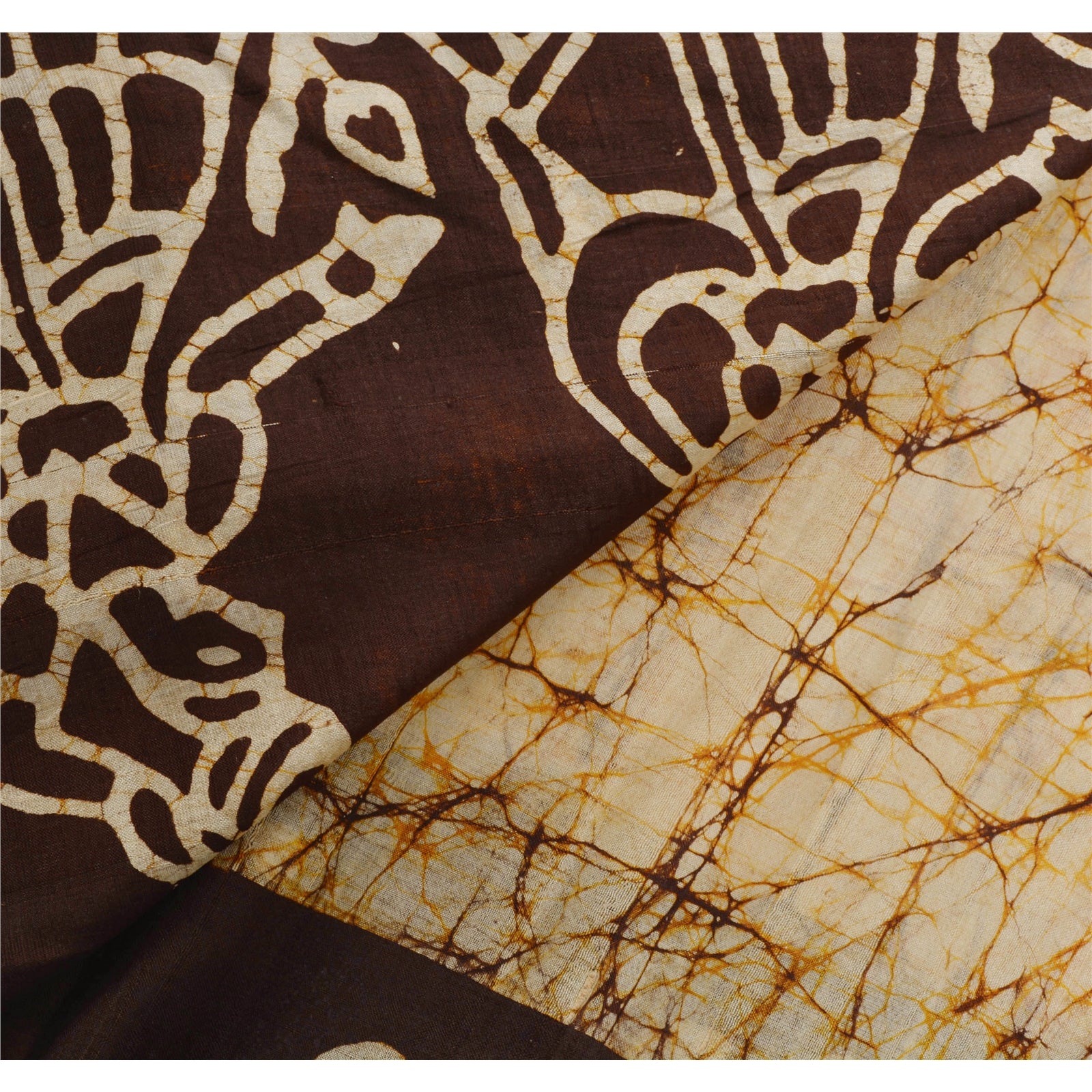 Sanskriti Vintage Cream Saree Pure Silk Batik Work Craft Decor Soft Sustainable Fabric Sari