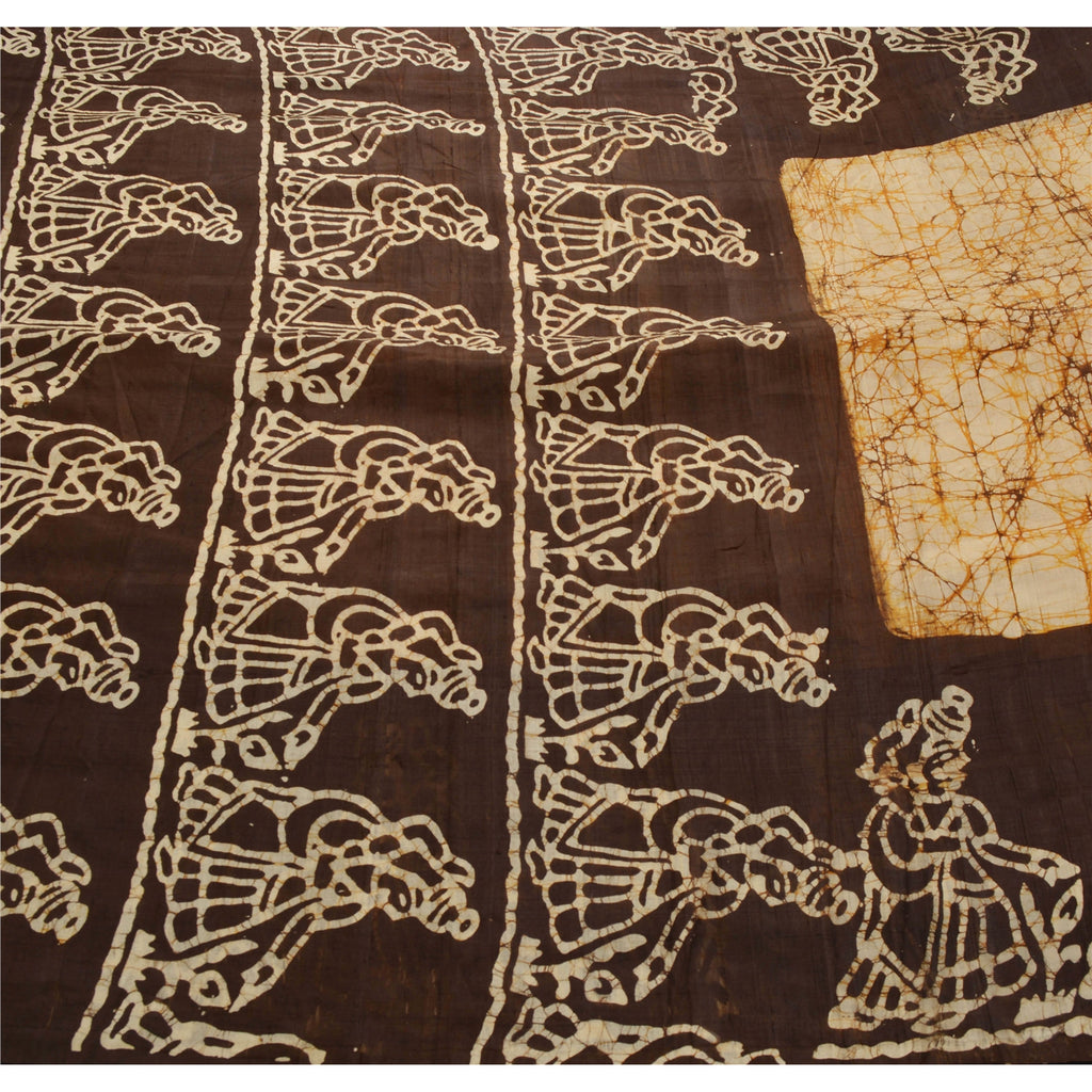 Sanskriti Vintage Cream Saree Pure Silk Batik Work Craft Decor Soft Sustainable Fabric Sari