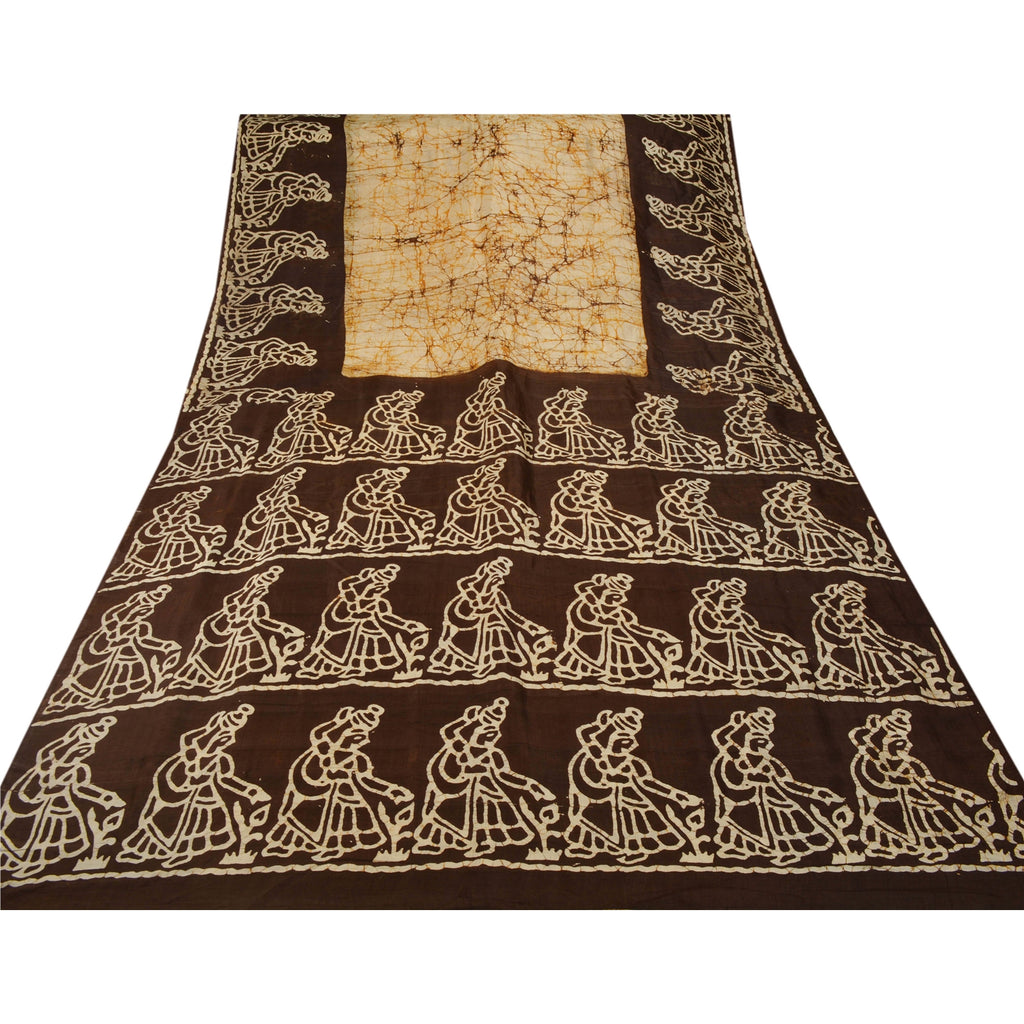 Sanskriti Vintage Cream Saree Pure Silk Batik Work Craft Decor Soft Sustainable Fabric Sari