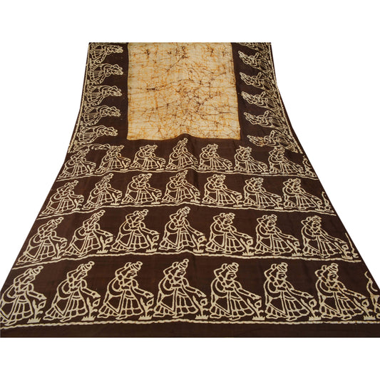 Sanskriti Vintage Cream Saree Pure Silk Batik Work Craft Decor Soft Sustainable Fabric Sari