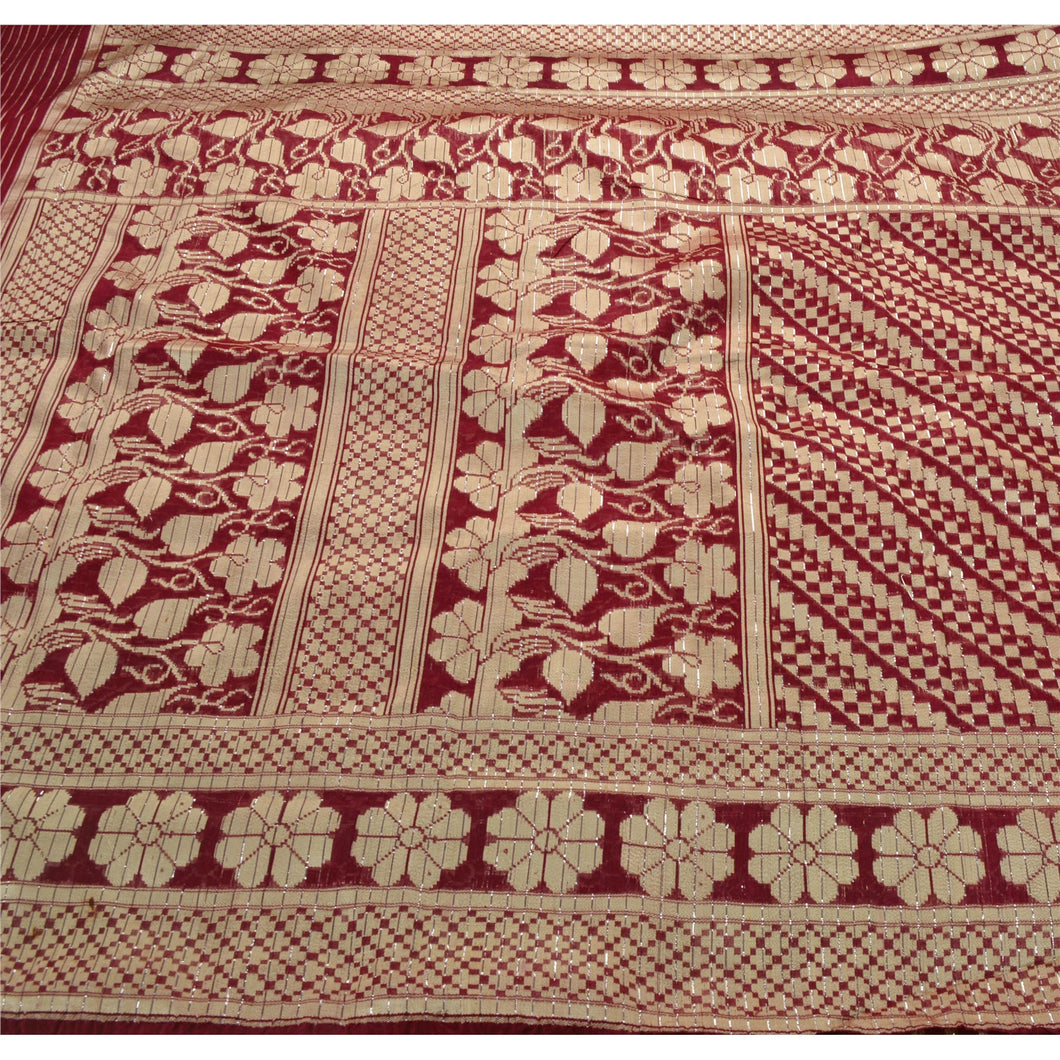 Sanskriti Vintage Dark Red Sarees Art Silk Woven Craft Fabric 5 YD Premium Sari