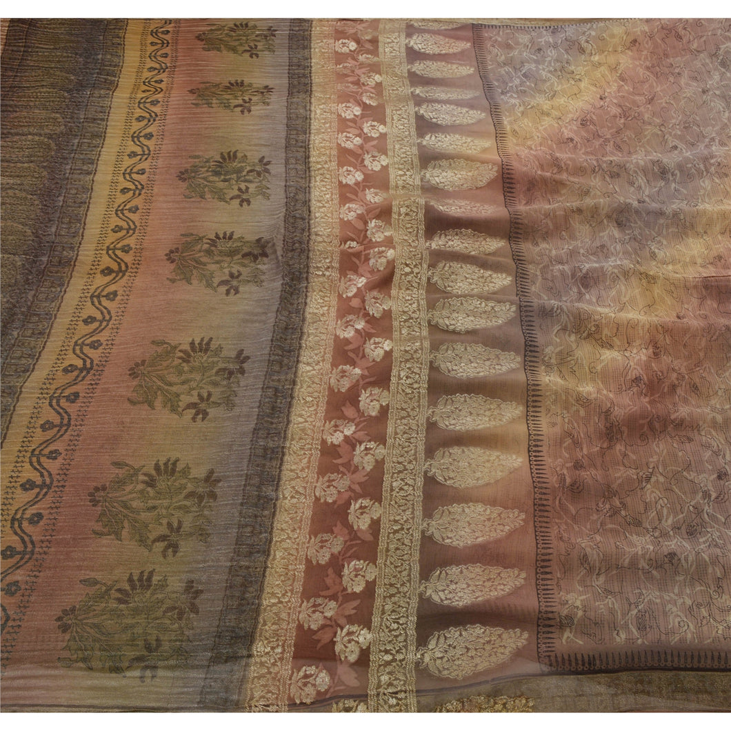 Sanskriti Vintage Brown Saree 100% Pure Silk Woven Craft Fabric Decor Sari
