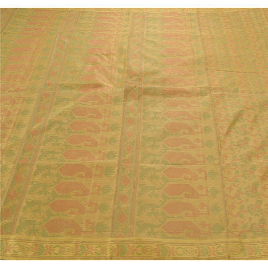 Sanskriti Vintage Cream Sarees Art Silk Woven Craft Sustainable Fabric Premium 5 Yard Sari
