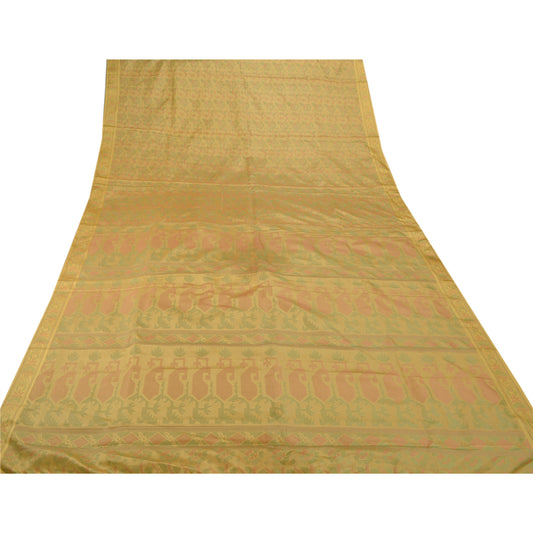 Sanskriti Vintage Cream Sarees Art Silk Woven Craft Sustainable Fabric Premium 5 Yard Sari