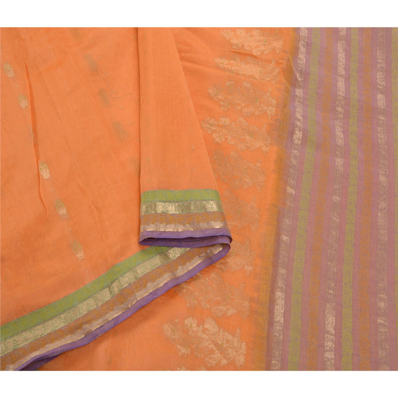 Sanskriti Vintage Peach Sari Blandet Silke Vævet Håndværk Bæredygtigt Stof Premium 5 Yard Sari